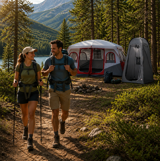 Couple hiking through a forest during summer to fall camping season