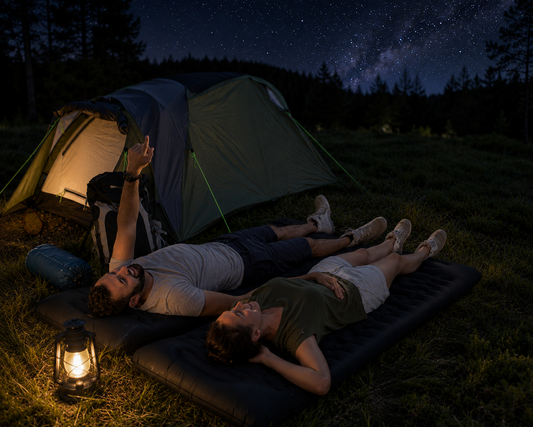 Couple sleeping under the stars in a warm sleeping bag while camping outdoors