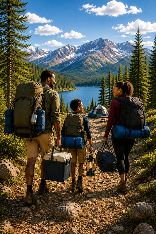 Family unloading camping gear including a tent and sleeping bags for their first camping trip