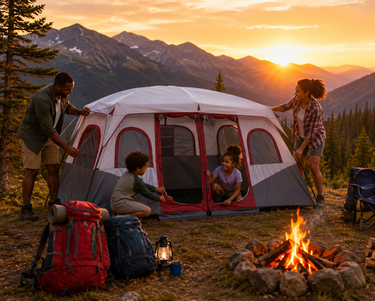 Pop-up camping tent set up outdoors for a family camping trip