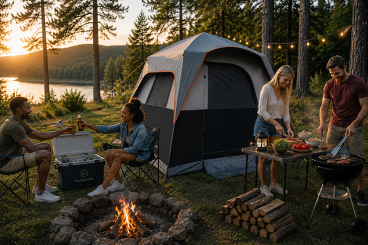 Well-organized campsite with a tent, chairs, and camping gear set up for a comfortable outdoor trip