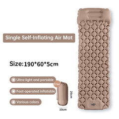 Outdoor double inflatable sleeping pad – with built-in pillow & pump, for camping, backpacking, hiking. Khaki