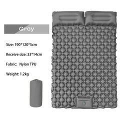 Outdoor double inflatable sleeping pad – with built-in pillow & pump, for camping, backpacking, hiking. Large--Gray