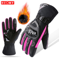 Motorcycle waterproof, windproof, warm winter touch-screen motorcycle riding gloves hand guards anti-fall thick long gloves PINK