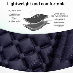 Outdoor double inflatable sleeping pad – with built-in pillow & pump, for camping, backpacking, hiking.