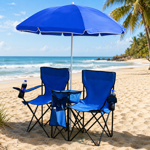 Double Folding Beach Chair with Umbrella — 2-Seat Portable Camping Chair with Beverage Holder & Carry Bag