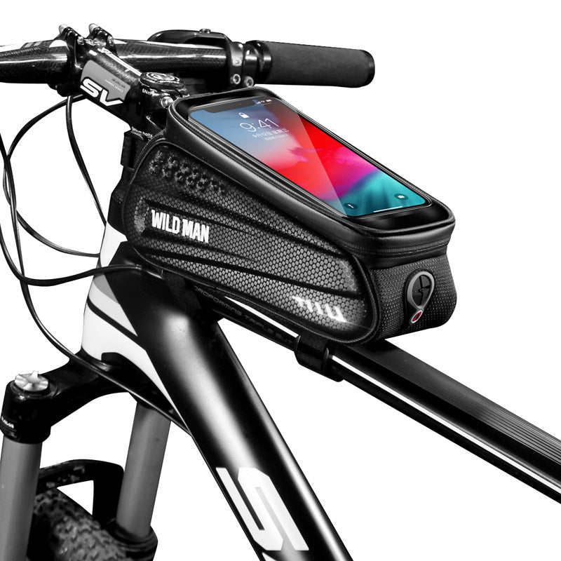 WILD MAN Hard shell bicycle bag front beam bag mountain bike phone touch screen upper tube bag saddle bag riding equipment Black