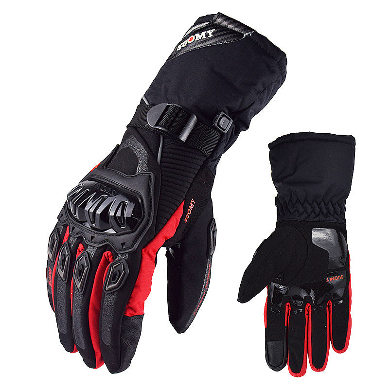 Motorcycle waterproof, windproof, warm winter touch-screen motorcycle riding gloves hand guards anti-fall thick long gloves Red
